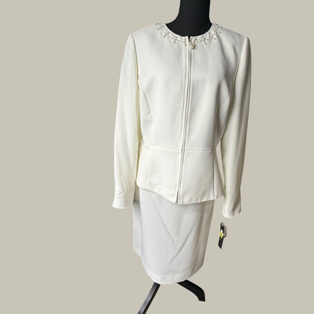 Tahari Arthur S Levine 2 Pc Skirt Suit Ivory Pearl Beaded NWT Womens 12 - Picture 2 of 16